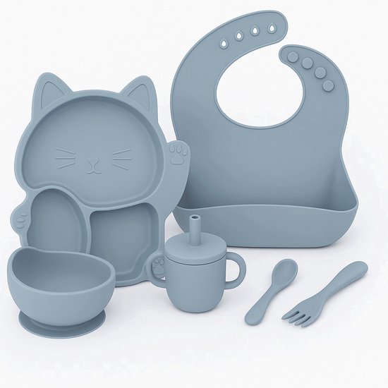 Babygiftset© – Siliconen babyservies set – Kat Lichtblauw – Kinderservies set – Kinderbord – Kom – Met Zuignap – Kinderbestek – Babybestek – Slabbetjes – Drinkbeker – Snack cup – Kraamcadeau meisje – Kraamcadeau jongen – Babyshower cadeau van Merkloos