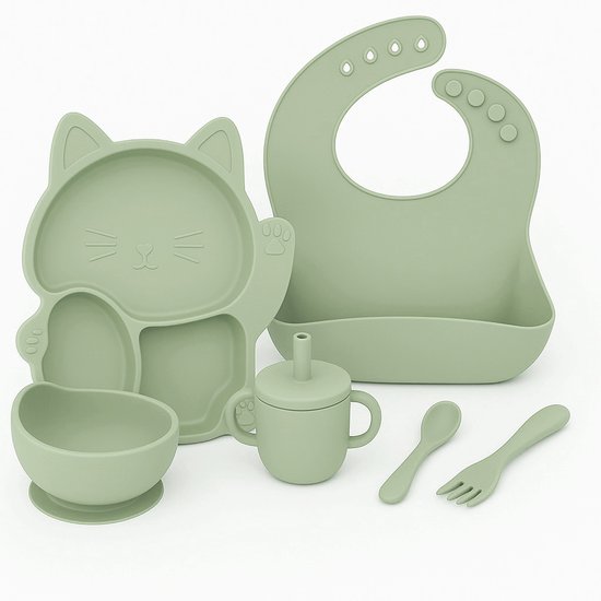 Babygiftset© – Siliconen babyservies set – Kat Olijfgroen – Kinderservies set – Kinderbord – Kom – Met Zuignap – Kinderbestek – Babybestek – Slabbetjes – Drinkbeker – Snack cup – Kraamcadeau meisje – Kraamcadeau jongen – Babyshower cadeau van Merkloos