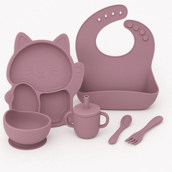 Babygiftset© – Siliconen babyservies set – Kat Oud Roze – Kinderservies set – Kinderbord – Kom – Met Zuignap – Kinderbestek – Babybestek – Slabbetjes – Drinkbeker – Snack cup – Kraamcadeau meisje – Kraamcadeau jongen – Babyshower cadeau