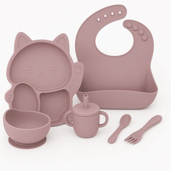 Babygiftset© – Siliconen babyservies set – Kat Poeder Roze – Kinderservies set – Kinderbord – Kom – Met Zuignap – Kinderbestek – Babybestek – Slabbetjes – Drinkbeker – Snack cup – Kraamcadeau meisje – Kraamcadeau jongen – Babyshower cadeau van Merkloos