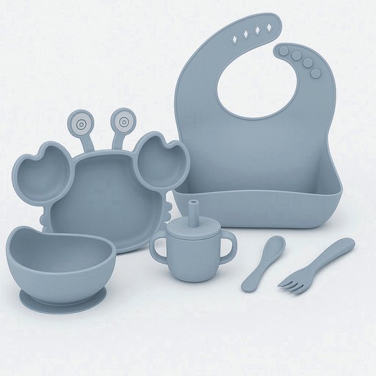 Babygiftset© – Siliconen babyservies set – Krab Lichtblauw – Kinderservies set – Kinderbord – Kom – Met Zuignap – Kinderbestek – Babybestek – Slabbetjes – Drinkbeker – Snack cup – Kraamcadeau meisje – Kraamcadeau jongen – Babyshower cadeau van Little Leopard Kids