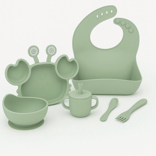 Babygiftset© – Siliconen babyservies set – Krab Olijfgroen – Kinderservies set – Kinderbord – Kom – Met Zuignap – Kinderbestek – Babybestek – Slabbetjes – Drinkbeker – Snack cup – Kraamcadeau meisje – Kraamcadeau jongen – Babyshower cadeau van Merkloos