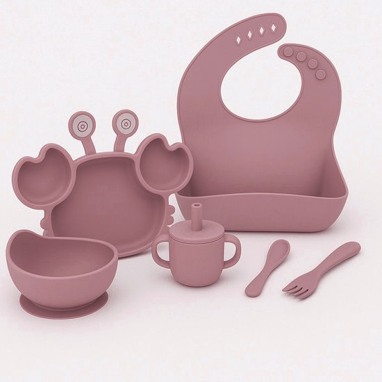 Babygiftset© – Siliconen babyservies set – Krab Oud Roze – Kinderservies set – Kinderbord – Kom – Met Zuignap – Kinderbestek – Babybestek – Slabbetjes – Drinkbeker – Snack cup – Kraamcadeau meisje – Kraamcadeau jongen – Babyshower cadeau van Merkloos