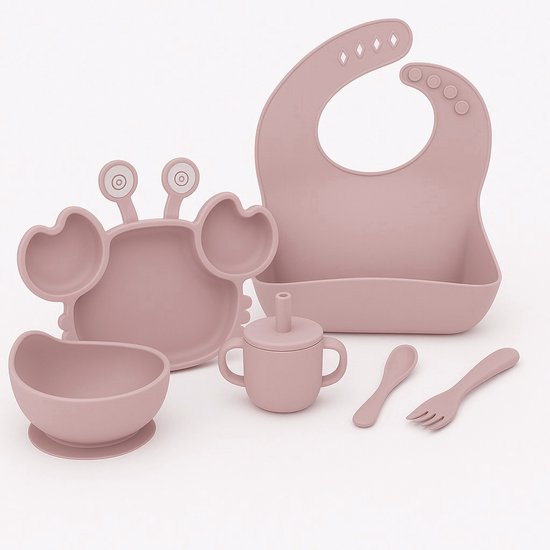Babygiftset© – Siliconen babyservies set – Krab Poeder Roze – Kinderservies set – Kinderbord – Kom – Met Zuignap – Kinderbestek – Babybestek – Slabbetjes – Drinkbeker – Snack cup – Kraamcadeau meisje – Kraamcadeau jongen – Babyshower cadeau van Merkloos