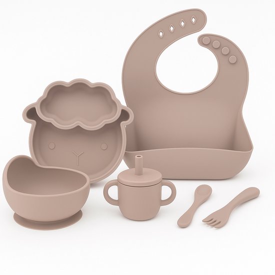 Babygiftset© – Siliconen babyservies set – Schaap Beige – Kinderservies set – Kinderbord – Kom – Met Zuignap – Kinderbestek – Babybestek – Slabbetjes – Drinkbeker – Snack cup – Kraamcadeau meisje – Kraamcadeau jongen – Babyshower cadeau
