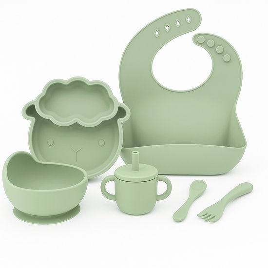 Babygiftset© – Siliconen babyservies set – Schaap Olijfgroen – Kinderservies set – Kinderbord – Kom – Met Zuignap – Kinderbestek – Babybestek – Slabbetjes – Drinkbeker – Snack cup – Kraamcadeau meisje – Kraamcadeau jongen – Babyshower cadeau van Merkloos