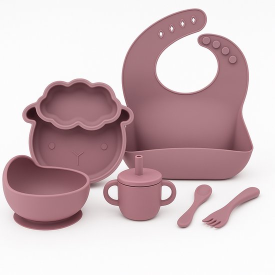 Babygiftset© – Siliconen babyservies set – Schaap Oud Roze – Kinderservies set – Kinderbord – Kom – Met Zuignap – Kinderbestek – Babybestek – Slabbetjes – Drinkbeker – Snack cup – Kraamcadeau meisje – Kraamcadeau jongen – Babyshower cadeau