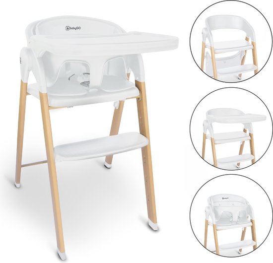 BabyGO Levels - Kinderstoel - Eetstoel voor kinderen vanaf 6 maanden tot 110kg - Hout look - Wit van Babygo