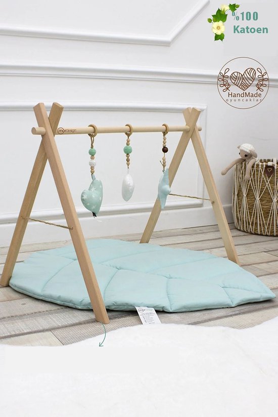 Babygym Hout - 3 Speeltjes - Stevige & Veilige constructie - Natuurlijke houten babytrainer, baby houten speeltuin, handgemaakt speelgoed en speelmat set van 3. - GROEN van MARIU&ANJO's
