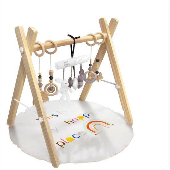Babygym hout- Incl. 8 speeltjes-houten Speelboog Baby-Opvouwbaar-Zacht en Draagbaar