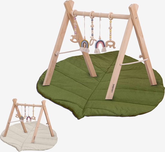 Babygym incl. 5 speeltjes & DUBBELZIJDIGE Speelmat – Babygym hout – Stevige & Veilige constructie – vanaf 0+ maand van MikaMax