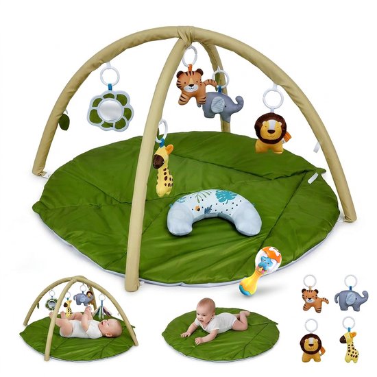 Babygym met boog - Speelmat - Baby speelgoed - Babyshower - Boxkleed - Speelkleed - Speelmat baby - 5 Speeltjes - Inclusief Rammelaar - Groen blaadje