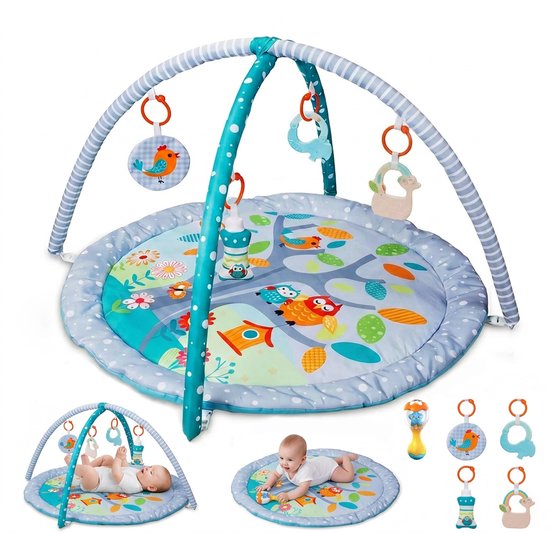 Babygym met boog - Speelmat - Baby speelgoed - Babyshower - Boxkleed - Speelkleed - Speelmat baby - 5 Speeltjes - Inclusief Rammelaar - Met speelboog - Blauw