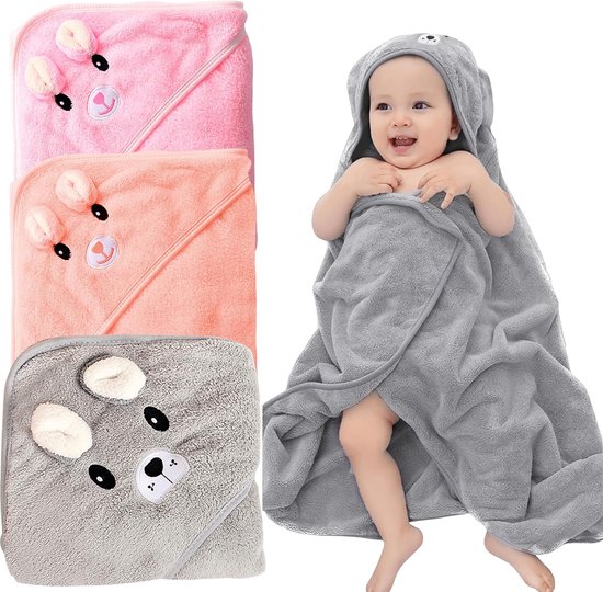 Babyhanddoek met capuchon, 3 stuks, babyhanddoek met capuchon, gepersonaliseerde babyhanddoek met oren, badhanddoek met capuchon voor pasgeborenen, 80 x 80 cm (lichtroze + oranje + lichtgrijs) van Zinsale