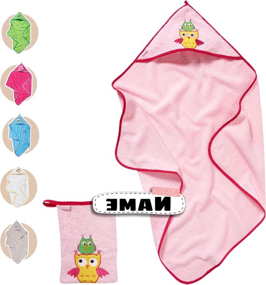 Babyhanddoek met capuchon - Badcape baby - Baby badderen - Gepersonaliseerd met naam - 75 x 75 cm - Roze uil