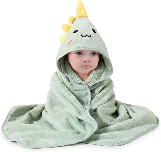 Babyhanddoek met capuchon - Baddoek baby omslagdoek - Baby badderen - Schattig dinosaurus ontwerp - 80 x 80 cm - Groen