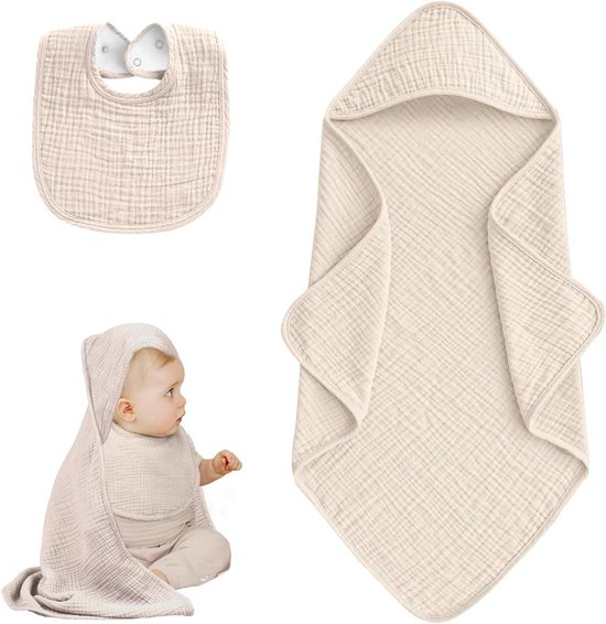 Babyhanddoek met capuchon - Badjasje baby - Na het baden - Extra zacht mousseline - 76 x 76 cm - Tarwekleuren