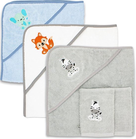 Babyhanddoek met capuchon in set met 2 washandjes Oeko-Tex standaard 100 gecertificeerd. Babybadhanddoek van zachte badstof. Eerste uitrusting babyhanddoek met capuchon, katoen, 80 x 80 cm, zebra van Amago丶100