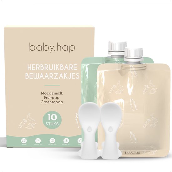 Baby.hap - Herbruikbare Moedermelk Bewaarzakjes - 10 stuks - Fruit & Groente Bewaarzakje met Sluitingsdop & 2x bijhorende Siliconen Lepels - 200 ml - (BPA Vrij)