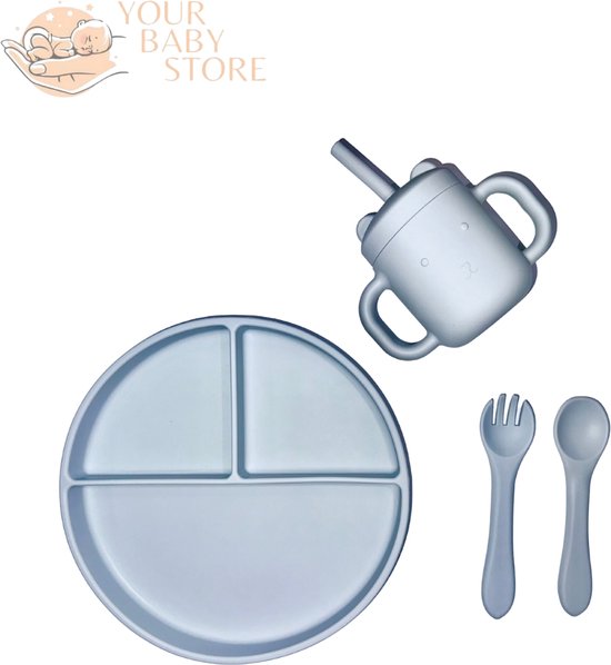 BabyHap set - 3 delig bord - bestek - drinkbeker - babyblauw - siliconen - YOURBABYSTORE van YourBabyStore