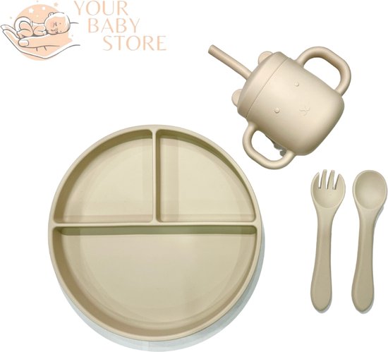BabyHap set - 3 delig bord - bestek - drinkbeker - Beige - siliconen - YOURBABYSTORE van YourBabyStore
