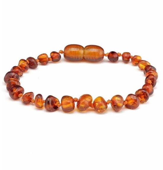 Baby/Kind - Barnsteen armbandje - Ronde kraaltjes - Gepolijst - 14cm - Cognac van Merkloos