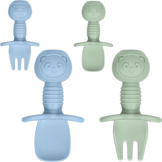 Babylepels, 4 stuks babyvoerlepels van extra zachte siliconen, BPA-vrij, babyvork en lepel, babybestek voor baby's, peuters, kinderen (grijs + groen) van Merkloos