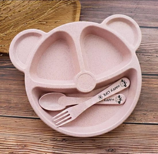Babyloe - baby - beervorm - Roze - BPA vrij - bord 3-delig - baby servies van Babyloe