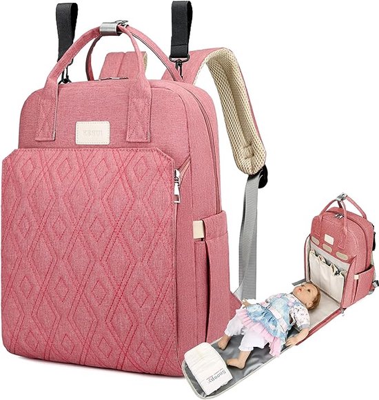 Babyluierrugzak met draagbaar aankleedkussen, multifunctionele waterdichte luiertas met grote capaciteit, babytas voor mama en papa reizen, roze, l van Meinkind