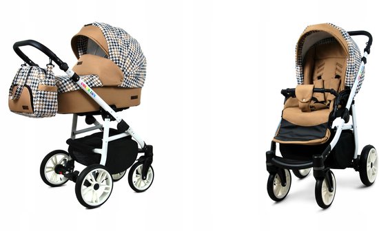 BabyLux® Kinderwagen 2in1 – COLORLUX - Gold And Black Houndstooth WHITE FRAME - Opklapbare Wandelwagen incl. Reiswieg, Multifunctionele Buggy Sportstoel - Combi-kinderwagen met Luiertas, Regenhoes, Klamboe, Bekerhouder, etc. van Merkloos