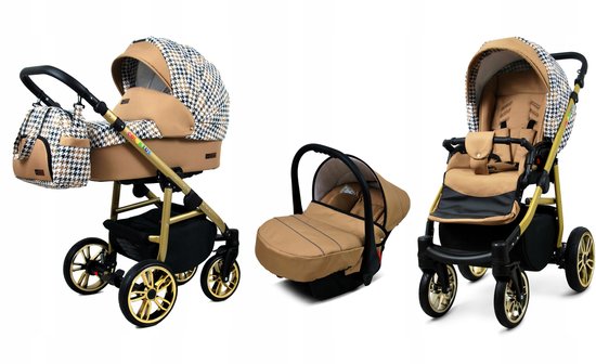 BabyLux® Kinderwagen 3in1 – COLORLUX - Gold And Black Houndstooth GOLD FRAME - Opklapbare Wandelwagen incl. Reiswieg, Multifunctionele Buggy Sportstoel, Autostoel - Combi-kinderwagen met Luiertas, Regenhoes, Klamboe, Bekerhouder, etc. van Merkloos