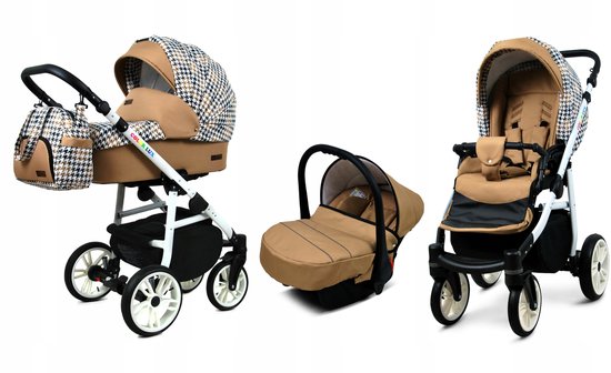 BabyLux® Kinderwagen 3in1 – COLORLUX - Gold And Black Houndstooth WHITE FRAME - Opklapbare Wandelwagen incl. Reiswieg, Multifunctionele Buggy Sportstoel, Autostoel - Combi-kinderwagen met Luiertas, Regenhoes, Klamboe, Bekerhouder, etc. van Merkloos
