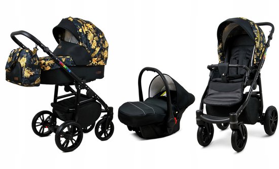 BabyLux® Kinderwagen 3in1 – COLORLUX - Gold Jungle BLACK FRAME - Opklapbare Wandelwagen incl. Reiswieg, Multifunctionele Buggy Sportstoel, Autostoel - Combi-kinderwagen met Luiertas, Regenhoes, Klamboe, Bekerhouder, etc. van Merkloos