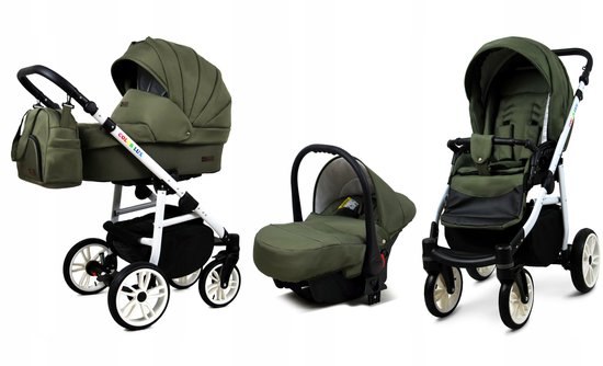 BabyLux® Kinderwagen 3in1 – COLORLUX - Olive WHITE FRAME - Opklapbare Wandelwagen incl. Reiswieg, Multifunctionele Buggy Sportstoel, Autostoel - Combi-kinderwagen met Luiertas, Regenhoes, Klamboe, Bekerhouder, etc. van Merkloos
