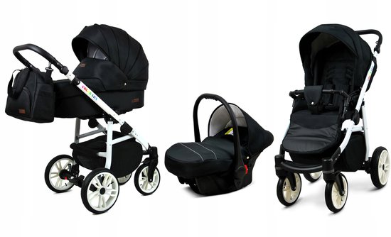 BabyLux® Kinderwagen 3in1 – COLORLUX - Onyx WHITE FRAME - Opklapbare Wandelwagen incl. Reiswieg, Multifunctionele Buggy Sportstoel, Autostoel - Combi-kinderwagen met Luiertas, Regenhoes, Klamboe, Bekerhouder, etc. van Merkloos