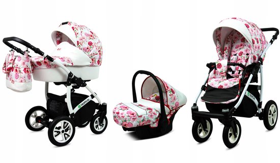 BabyLux® Kinderwagen 3in1 – TROPICAL - HIBISCUS - Opklapbare Wandelwagen incl. Reiswieg, Multifunctionele Buggy Sportstoel, Autostoel - Combi-kinderwagen met Luiertas, Regenhoes, Klamboe, Bekerhouder, etc.