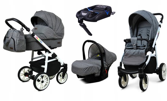 BabyLux® Kinderwagen 4in1 – COLORLUX - Grey Flex WHITE FRAME - Opklapbare Wandelwagen incl. Reiswieg, Multifunctionele Buggy Sportstoel, Autostoel, ISOFIX basisstation - Combi-kinderwagen met Luiertas, Regenhoes, Klamboe van Merkloos