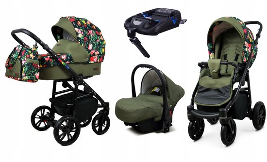 BabyLux® Kinderwagen 4in1 – COLORLUX - Roses With Tulips On Black BLACK FRAME - Opklapbare Wandelwagen incl. Reiswieg, Multifunctionele Buggy Sportstoel, Autostoel, ISOFIX basisstation - Combi-kinderwagen met Luiertas, Regenhoes, Klamboe van Merkloos