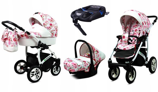 BabyLux® Kinderwagen 4in1 – TROPICAL - HIBISCUS - Opklapbare Wandelwagen incl. Reiswieg, Multifunctionele Buggy Sportstoel, Autostoel, ISOFIX basisstation - Combi-kinderwagen met Luiertas, Regenhoes, Klamboe