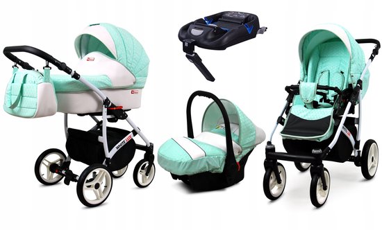 BabyLux® Kinderwagen 4in1 – WHITELUX - MINT - Opklapbare Wandelwagen incl. Reiswieg, Multifunctionele Buggy Sportstoel, Autostoel, ISOFIX basisstation - Combi-kinderwagen met Luiertas, Regenhoes, Klamboe van BabyLux