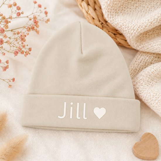Babymutsje met Naam – Gepersonaliseerd Beige Newborn Mutsje – Kraamcadeau Baby – Beige unisex