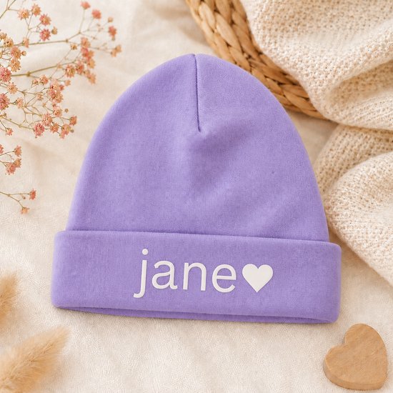 Babymutsje met Naam paars - Gepersonaliseerd Newborn Mutsje paars - Kraamcadeau Baby - Paars Unisex