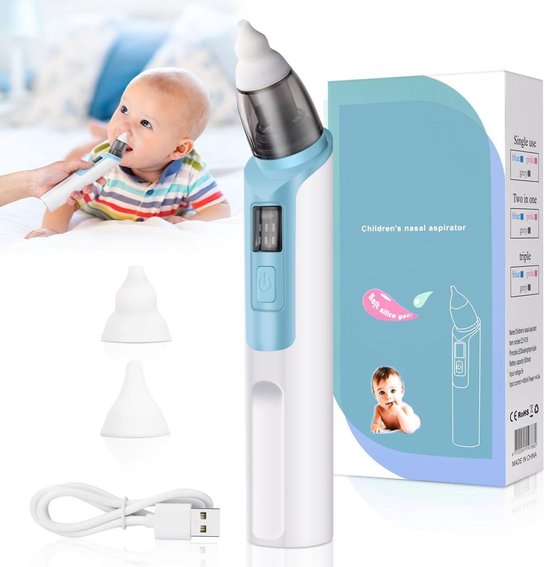 Babyneusaspirator, elektrische babyneusaspirator, neusreiniger, neusafzuiger, 6 zuigniveaus, 2 siliconen zuigkoppen, USB oplaadbaar (blauw). van Merkloos