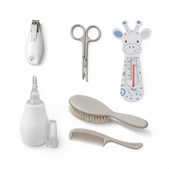 Babyono Baby Verzorgingsset 6-delig - Nagelknipper, Nagelschaartje, Badthermometer, Neusreiniger, Haarborstel en Kam - Complete Babyverzorging voor Pasgeborenen - Kraamcadeau - 0m+