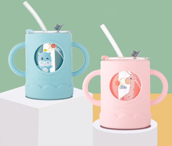 Baby/Peuter - Siliconen - Glazen - Kinder Beker - met Rietje - Nijlpaard van Merkloos