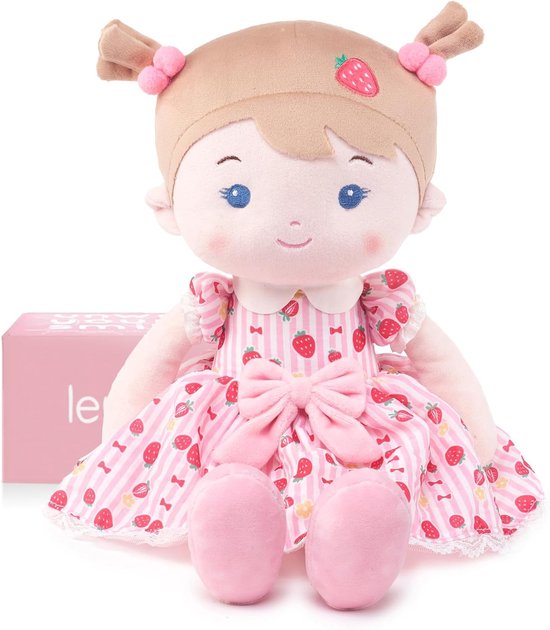 Babypop Stof - Zachte pop - Knuffelen en spelen - Gelede ledematen - 40 cm - Aardbeienroze