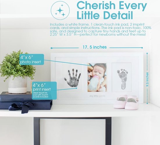 Babyprints Pasgeboren Baby Handafdruk en Voetafdruk Fotolijst Kit met Inbegrepen Veilig voor Baby Clean-Touch Inkt Pad, Wit, Memorabele Doop Keepsake, Gift voor elke nieuwe moeder van Pearhead