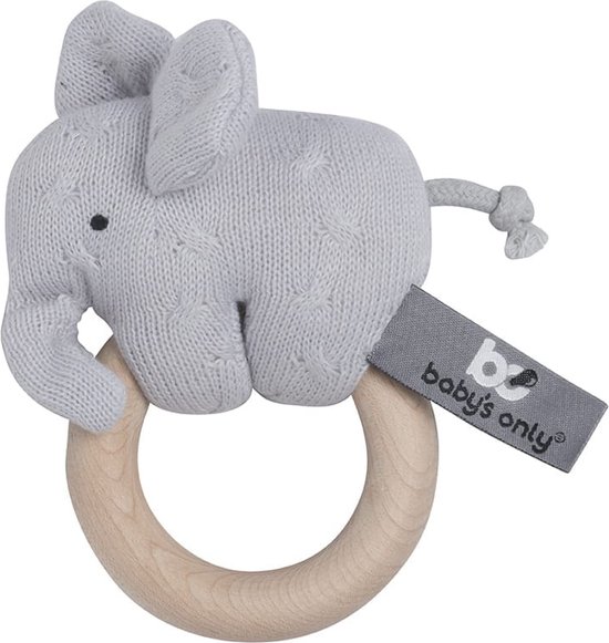Baby's Only Houten baby rammelaar olifant gebreid - Zilvergrijs - Baby cadeau van Baby's Only