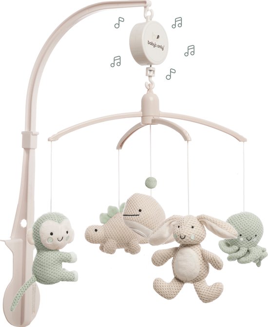 Baby's Only Muziekmobiel baby Animals - Boxmobiel - Laurel Green/Warm Linen - Gebreide figuurtjes - Muziek speelgoed - Melodie 'It's a small world' van Baby's Only