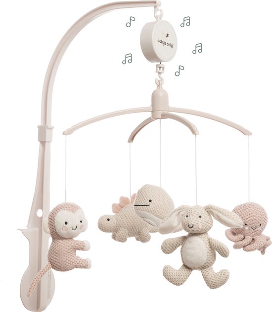 Baby's Only Muziekmobiel baby Animals - Boxmobiel - Oud Roze/Warm Linen - Gebreide figuurtjes - Muziek speelgoed - Melodie 'It's a small world' van Baby's Only